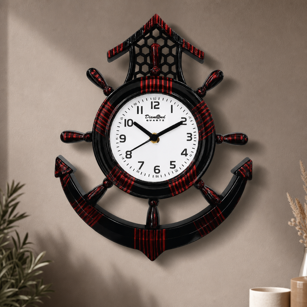 Diamond 111 Nautical Ship Wheel Anchor Red and Black Wall Clock - Decor 1