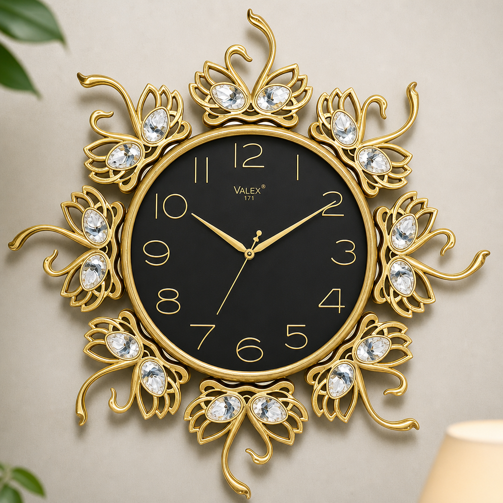 Valex 171 Ornate Gold Swan Wall Clock with Black Dial on wall color