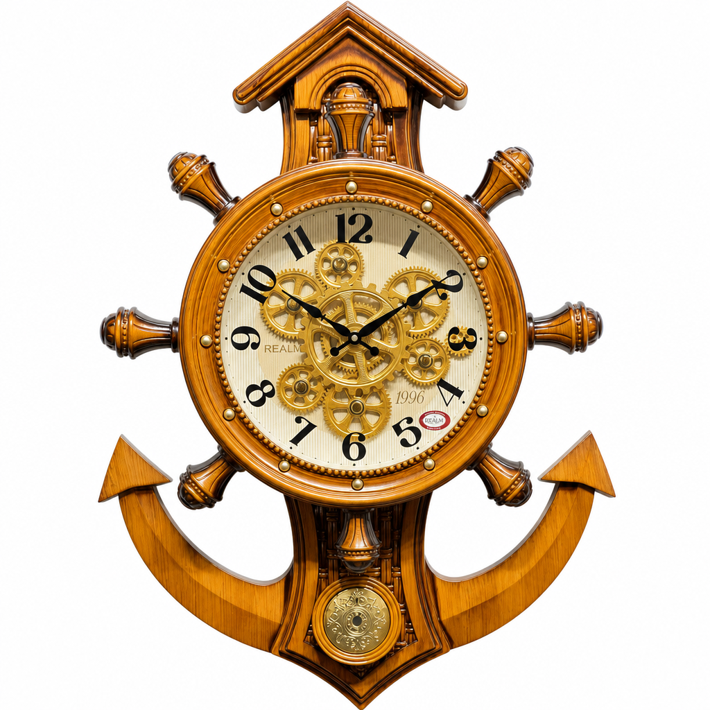 Real RG-04 Nautical Ship Wheel Wall Clock with Anchor and Exposed Gears - Light Ivory Wood Finish, 30x23 inch
