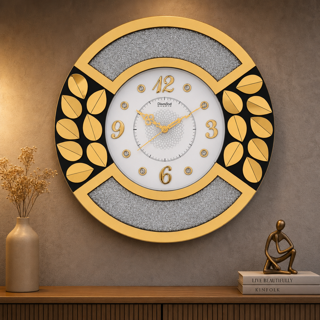 Diamond 2112 Gold & Silver Glitter Wall Clock with Leaf Accents lifestyle 2