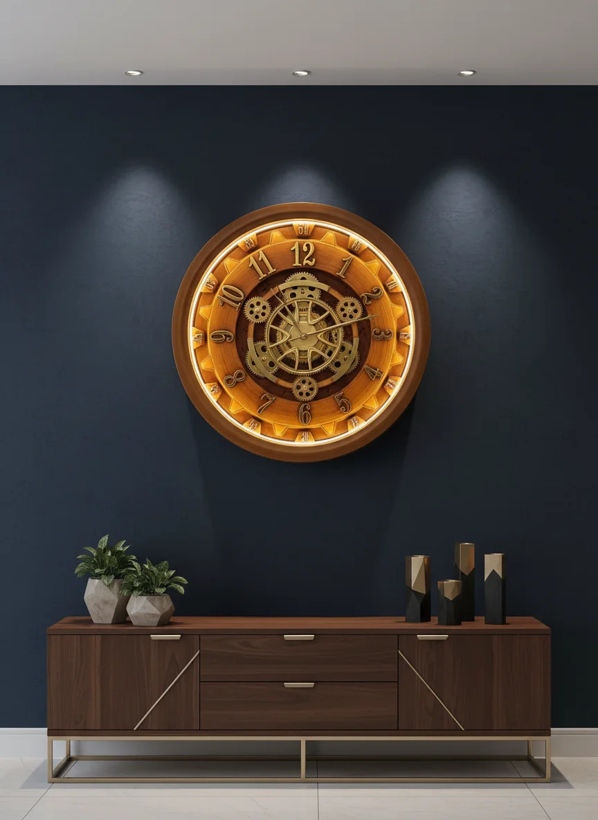 LED LIGHT Steampunk Gear Wall Clock - Golden Brown