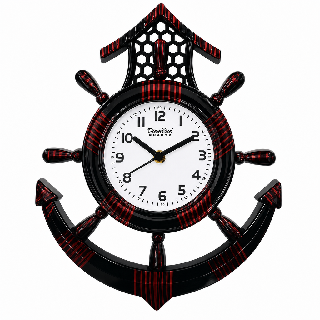Diamond 111 Nautical Ship Wheel Anchor Red and Black Wall Clock