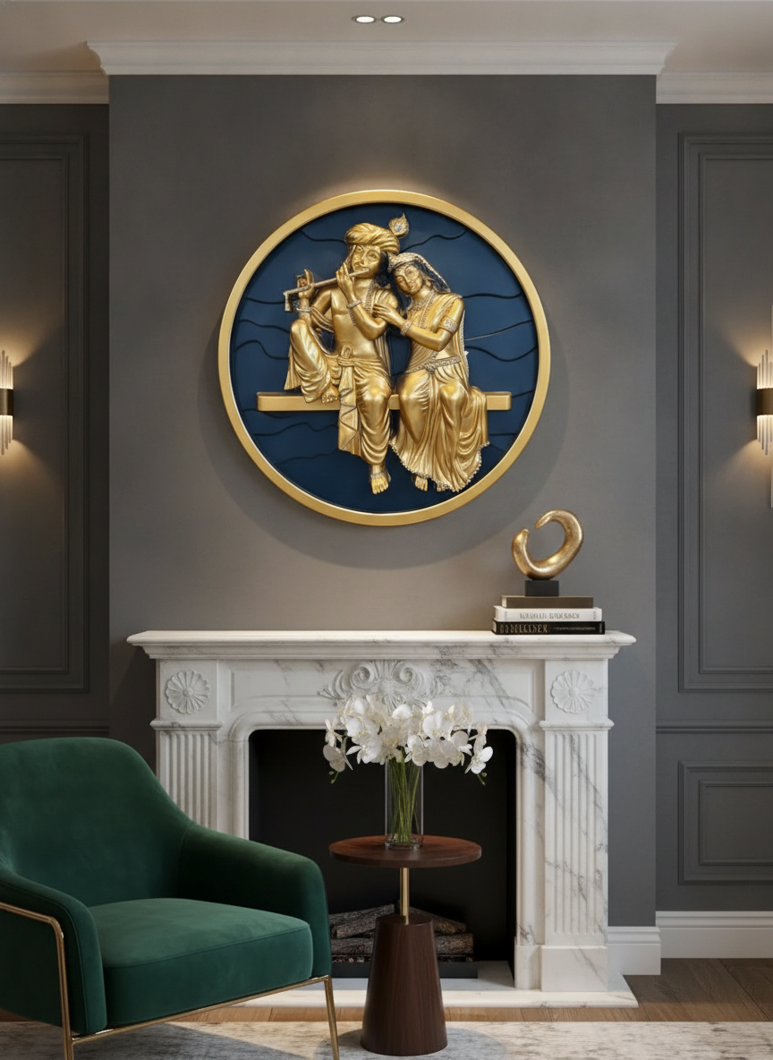 Sizzero Radha Krishna 3D Wall Art - Gold & Blue, 24 inch lifestyle 1