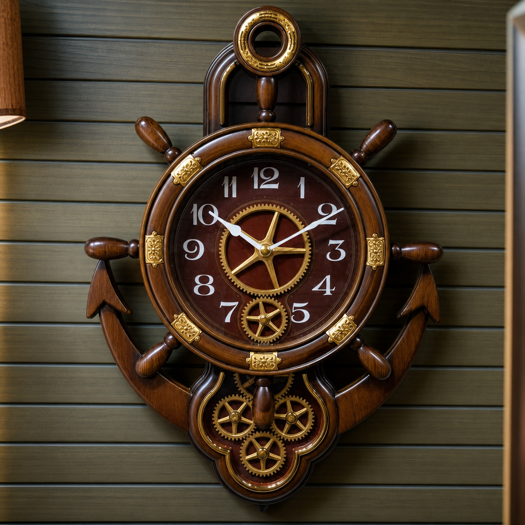 Real RG07 Nautical Ship Wheel and Anchor Wall Clock, Dark Espresso Wood dimensions