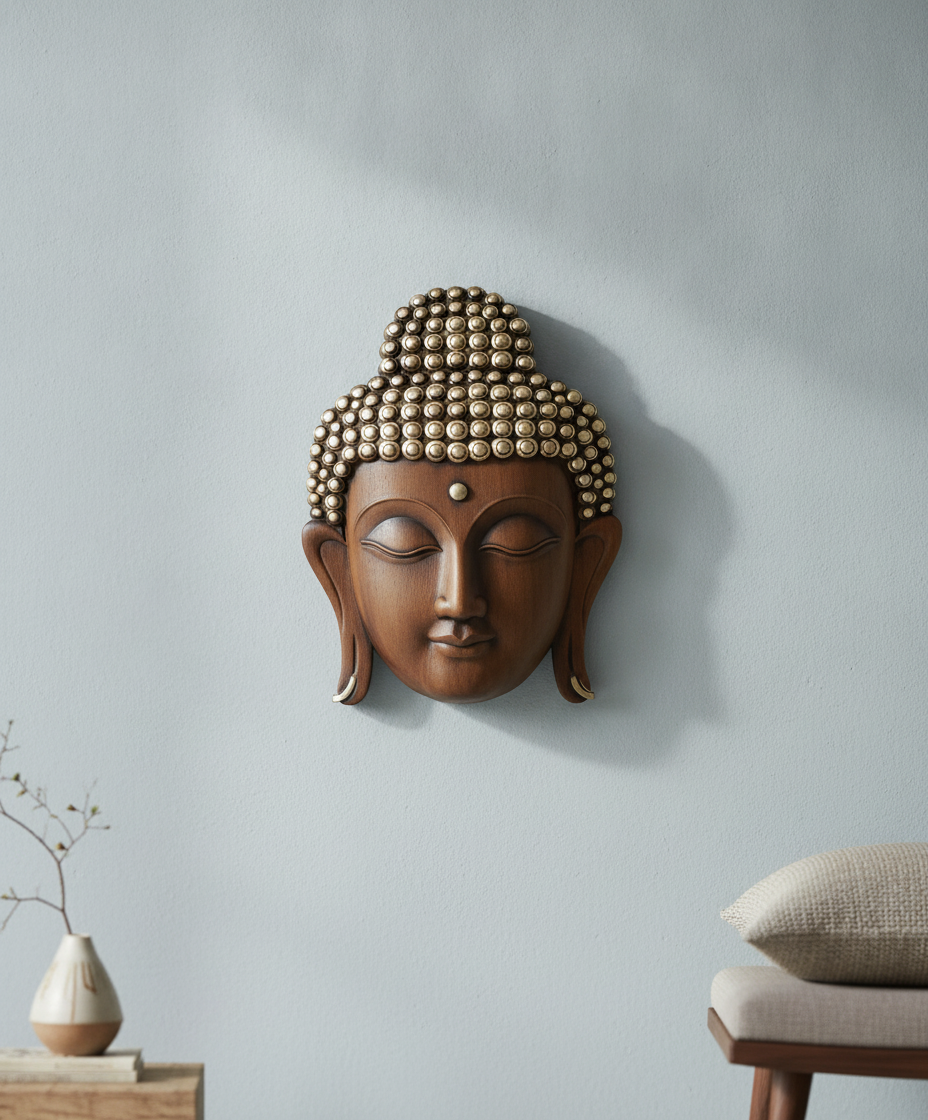 Theo Buddha Face Wall Art - Light Wood & Silver - Decor 15