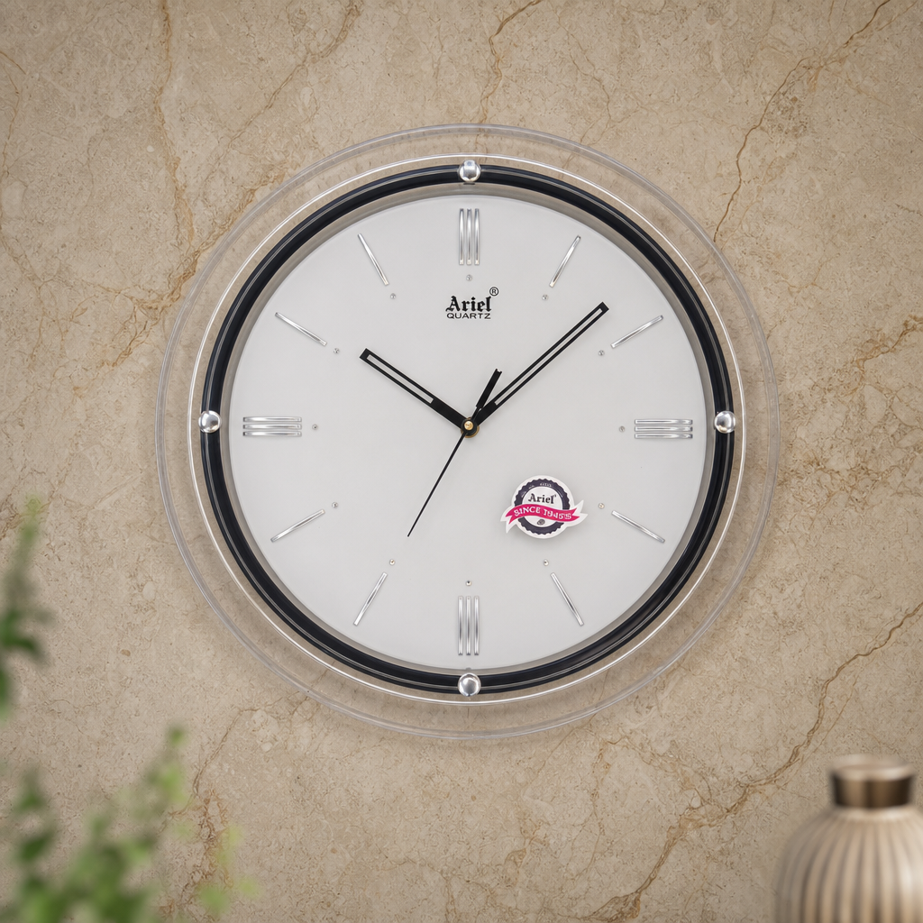 Ariel 2091 Black and Silver Round Quartz Wall Clock - Ariel 2091-WhiteandSilver - Premium Wall Clock 14 inch