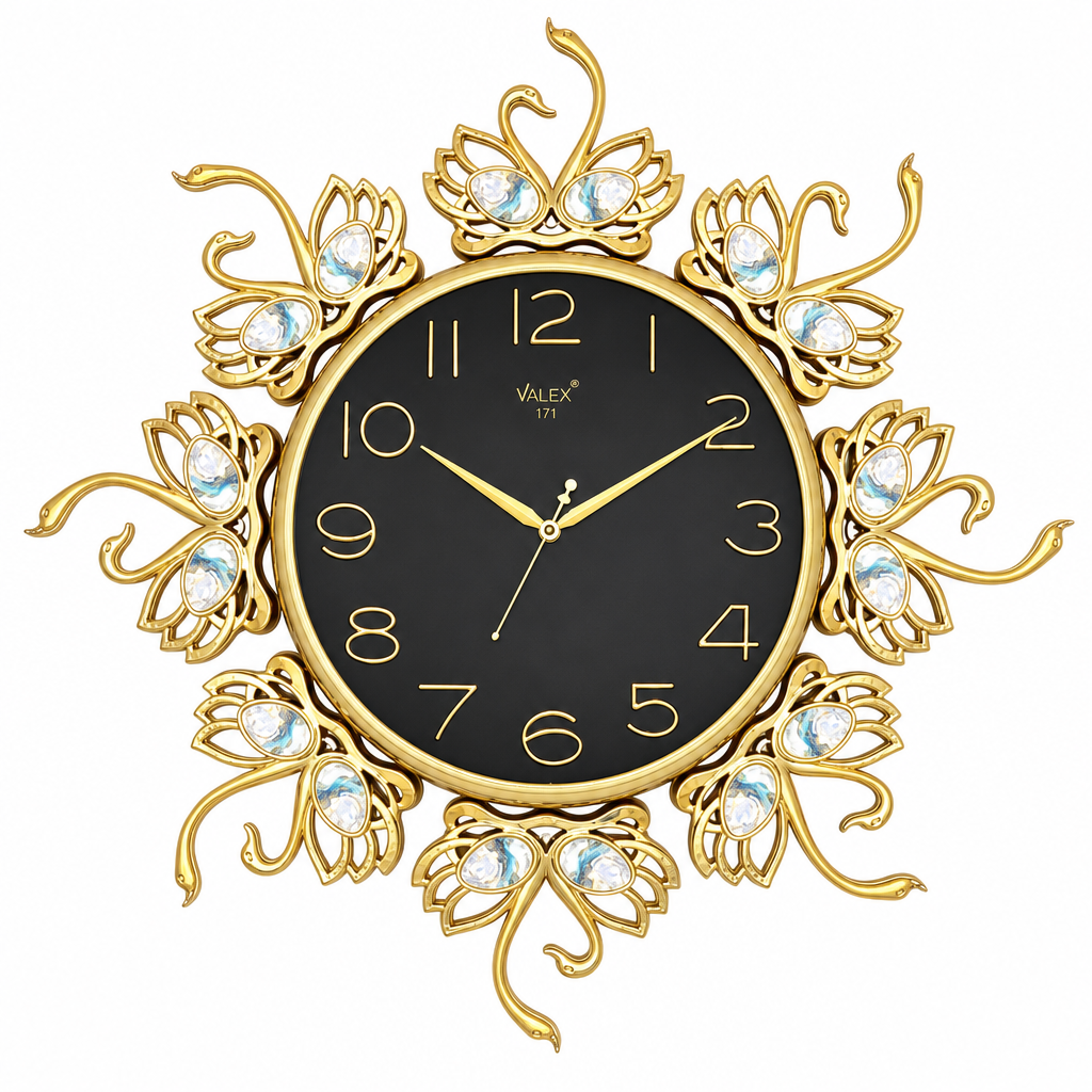 Valex 171 Ornate Gold Swan Wall Clock with Black Dial