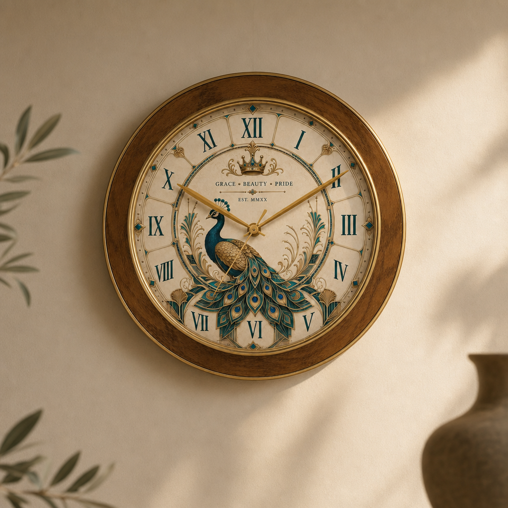 Majestic Peacock Wall Clock by The Clock Factory styled in a room setting 1