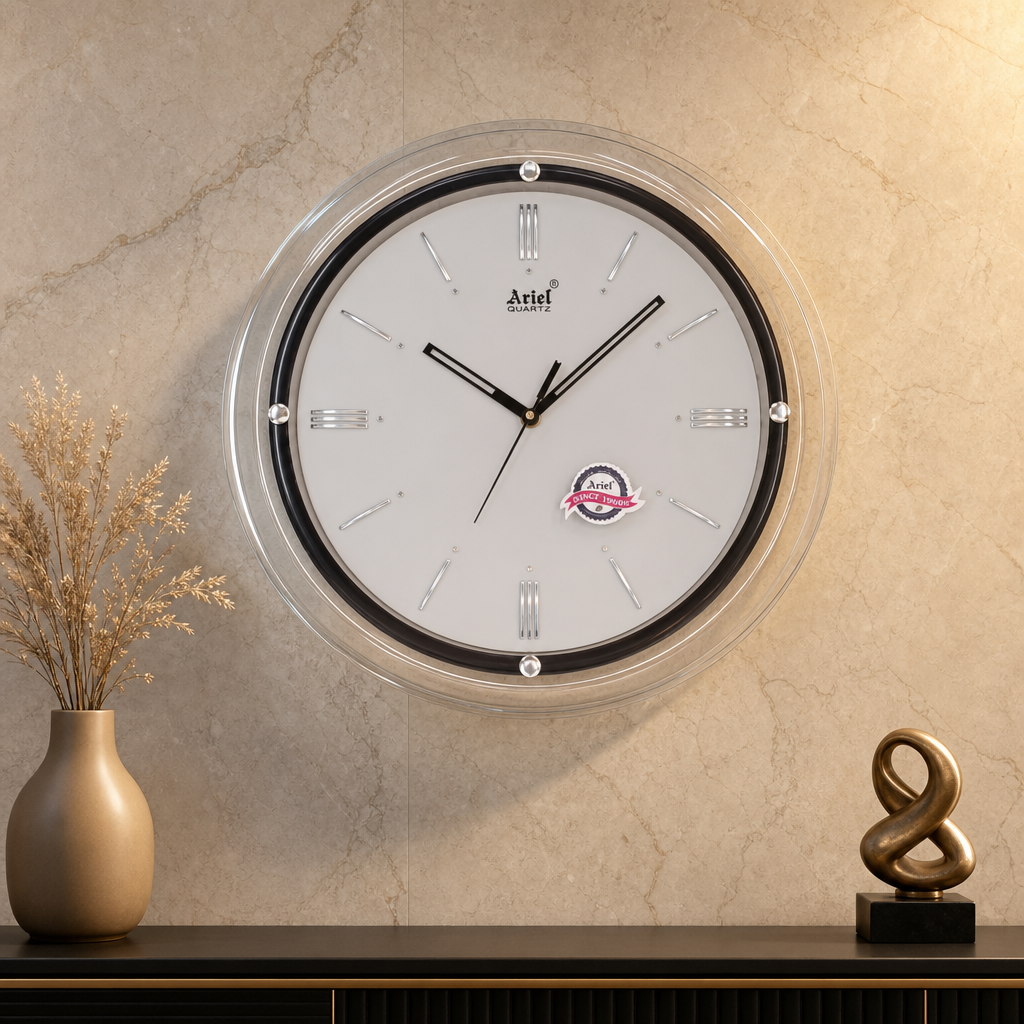 Ariel 2091-WhiteandSilver Quartz Wall Clock with Clear and Black Frame lifestyle 1