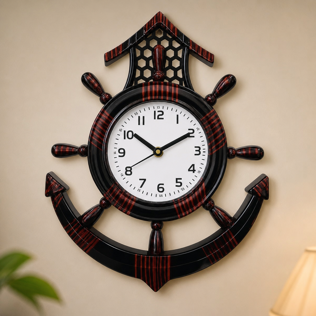 Diamond 111 Nautical Ship Wheel Anchor Red and Black Wall Clock