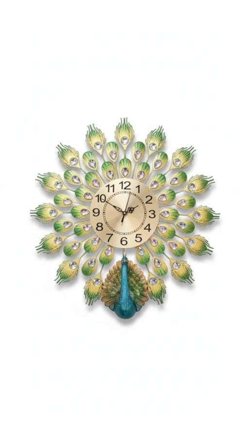 Regal Peacock Wall Clock - Gold & Green Gemstone Accent key highlights