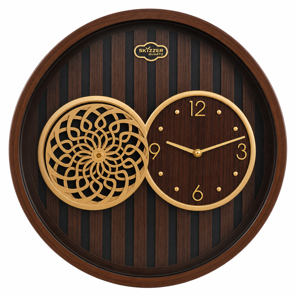 SkyZZer 018-BrownWoodFinish Decorative Wall Clock with Gold Accents