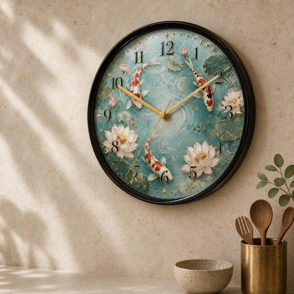 The Clock Factory 031 Koi Pond Decorative Wall Clock styled in a room setting 2