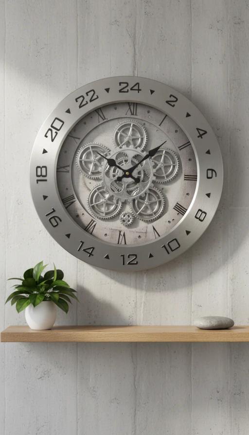 Gear Wall Clock - Silver Brushed Metal - The clock Factory 2415 A - MN