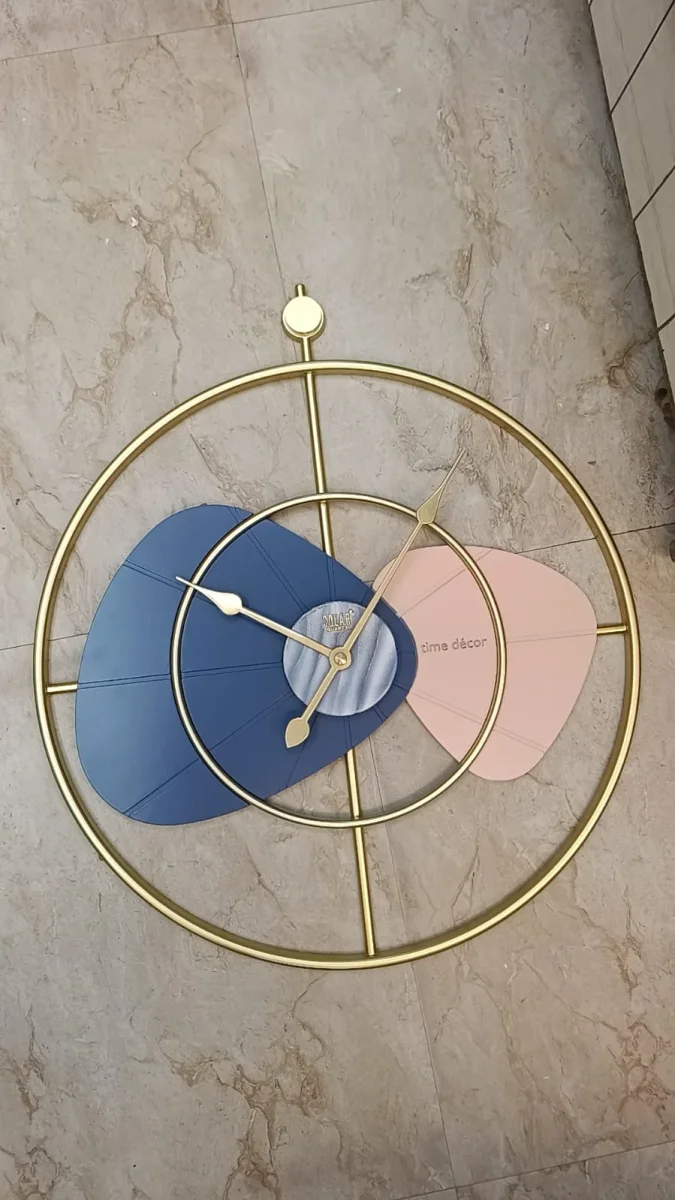 Solar SQ-60 Modern Abstract Gold Metallic Wall Clock with Blue & Pink Accents - Solar SQ-60-Blue - Wall Clock  Plastic - ["Modern Style", "Abstract Design", "Home Decor", "Metallic Gold Frame", "Analog Display"]