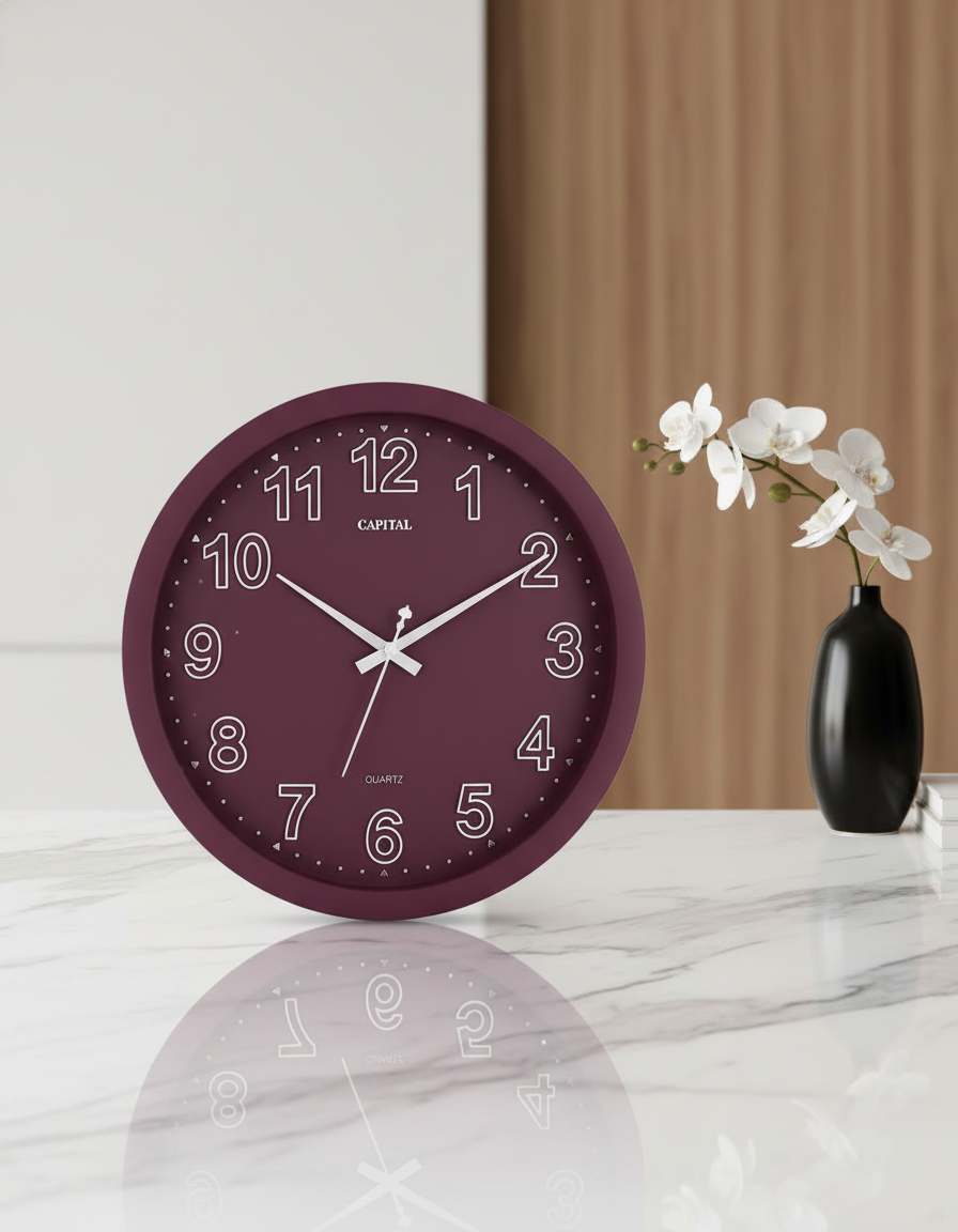 Capital 220 Modern Analog Quartz Wall Clock - Maroon with Raised Numerals