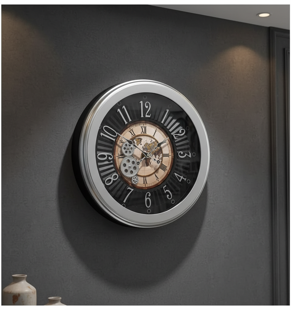 The clock Factory tcfworldmapgear Vintage Industrial World Map Gear Wall Clock lifestyle 1