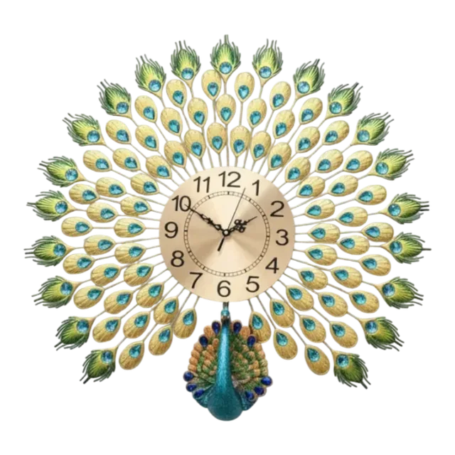 Majestic Gold Peacock Wall Clock with Jewel Accents - The clock Factory