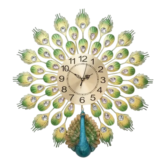 Regal Peacock Wall Clock - Gold & Green Gemstone Accent - The clock Factory