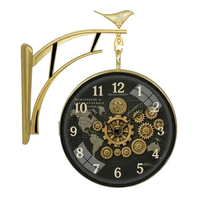 The clock Factory s7WorldMap Double Sided Wall Clock with Steampunk Gears and World Map Dial, Antique Gold - The clock Factory