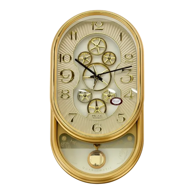 Real RG03 Elegant Gold-Tone Wall Clock with Exposed Gears and Pendulum - Real