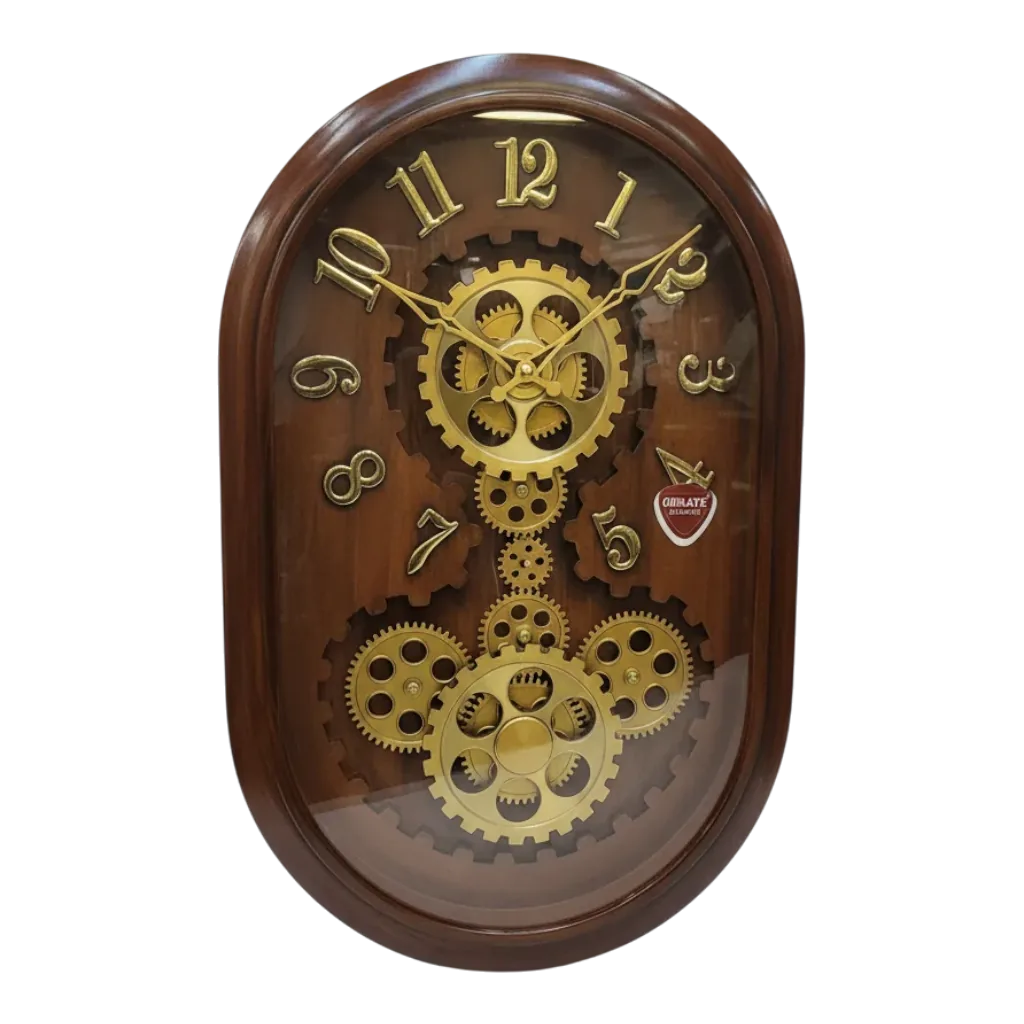 Ornate Gear Wall Clock - Dark Wood & Gold