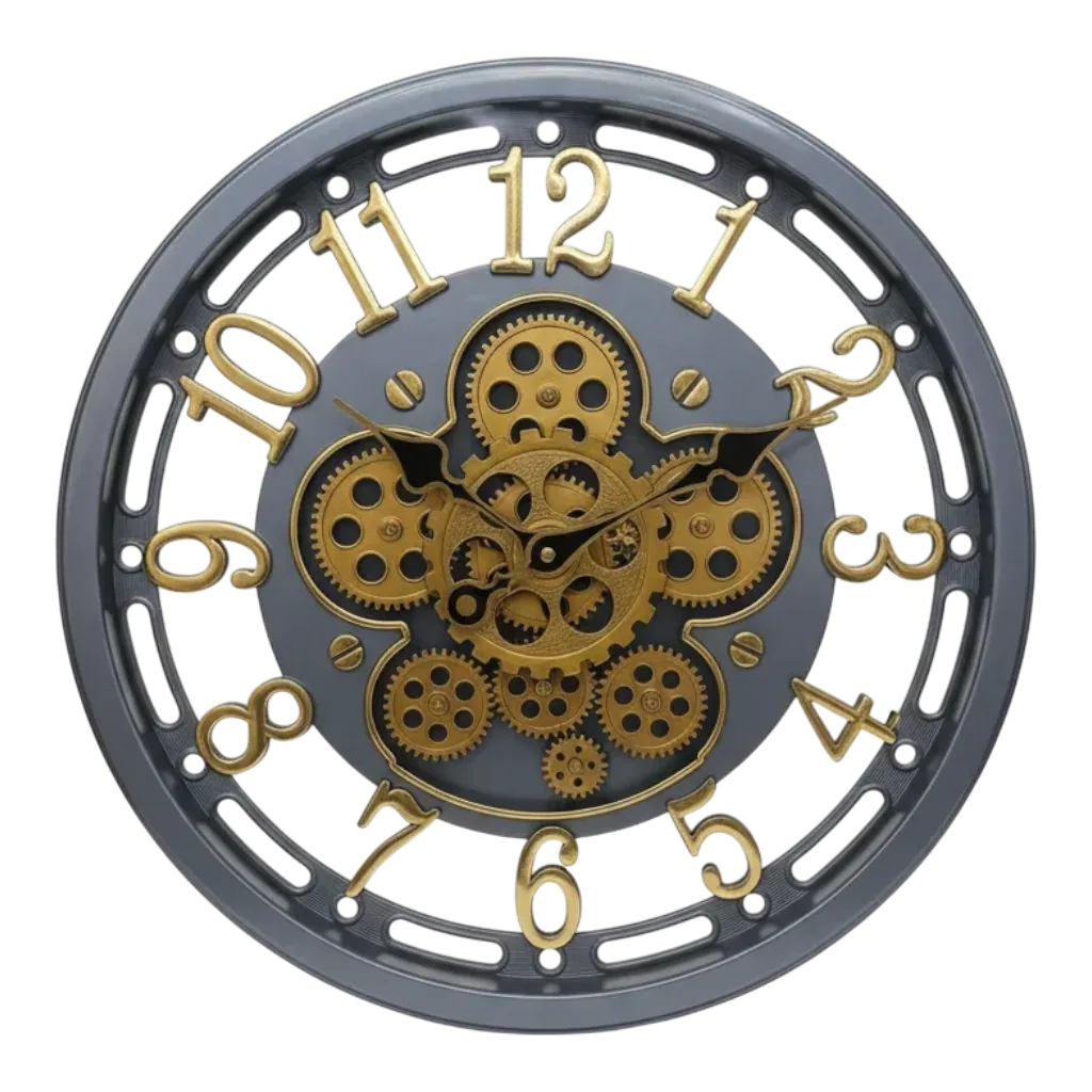 Ornate Steampunk Gear Wall Clock - Dark Gray Gold
