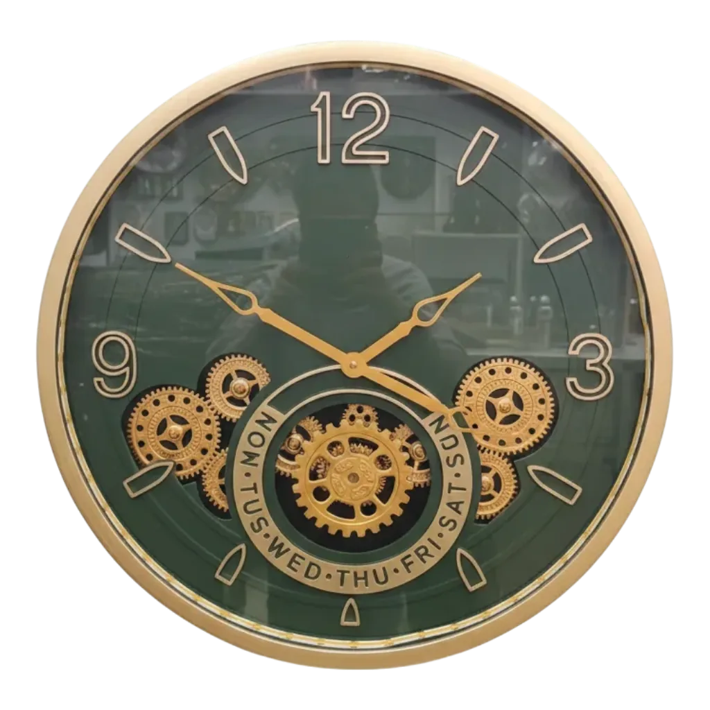 Sizzero 1810 Industrial Chic Gold & Green Gear Wall Clock by