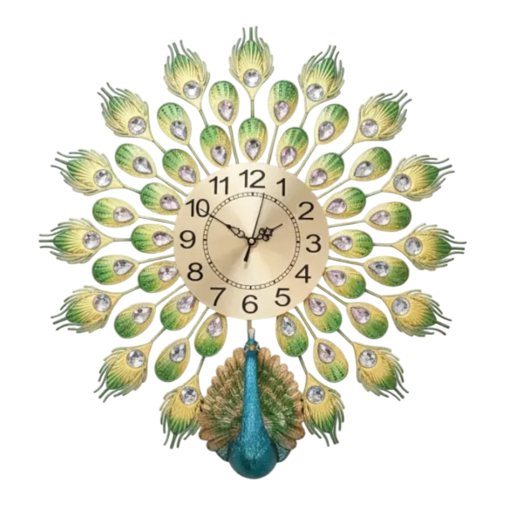 Regal Peacock Wall Clock - Gold & Green Gemstone Accent