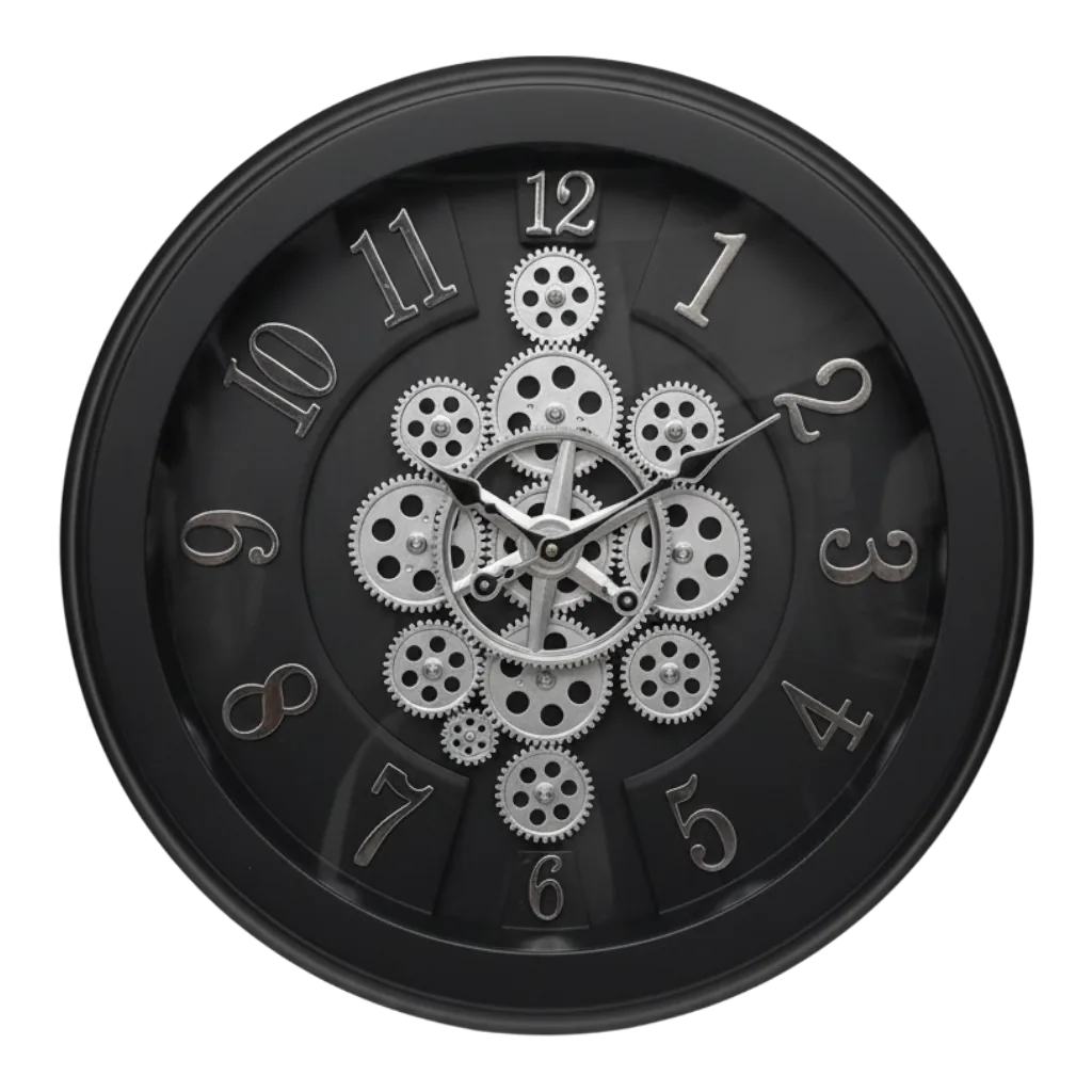 Sapna 3551 Industrial Gear Wall Clock | Black Frame Analog with Silver Gears