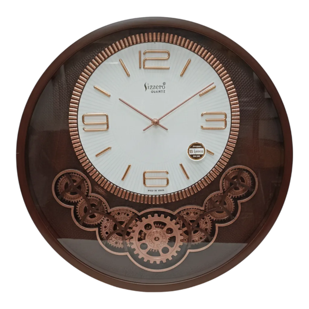 Sizzero 1811 Analog Wall Clock with Wood Grain Frame and Decorative Steampunk Gears