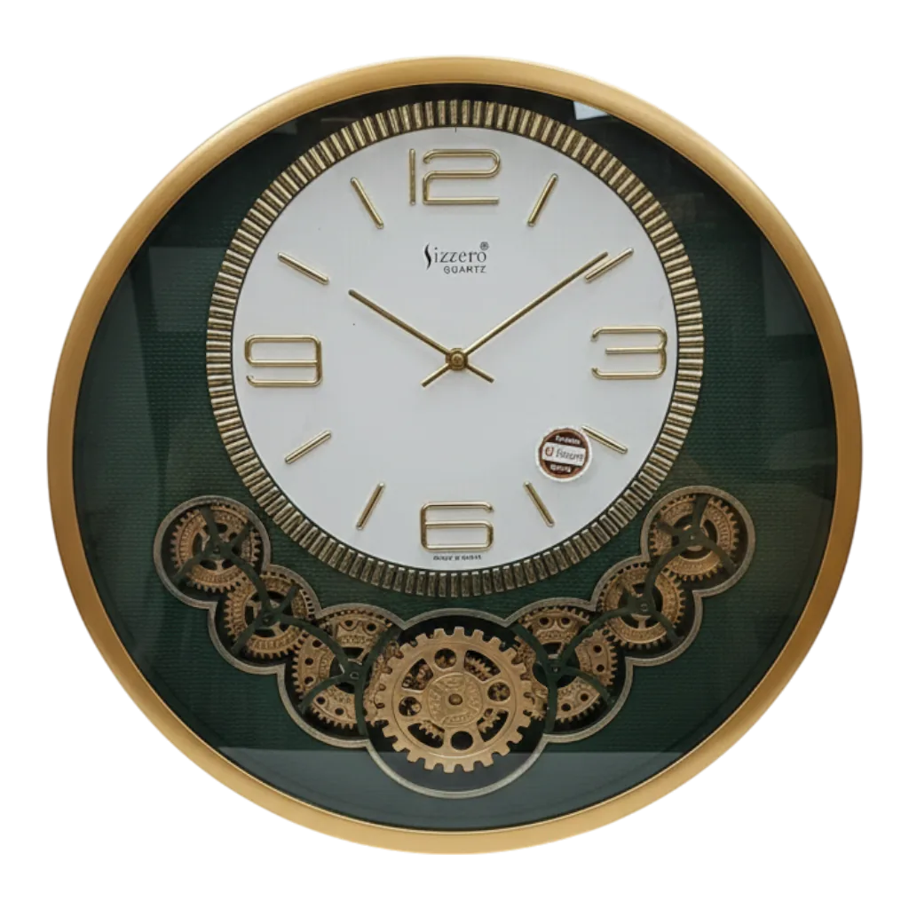 Sizzero 1811 Oval Gold & Green Decorative Wall Clock with Visible Gears, Quartz Movement