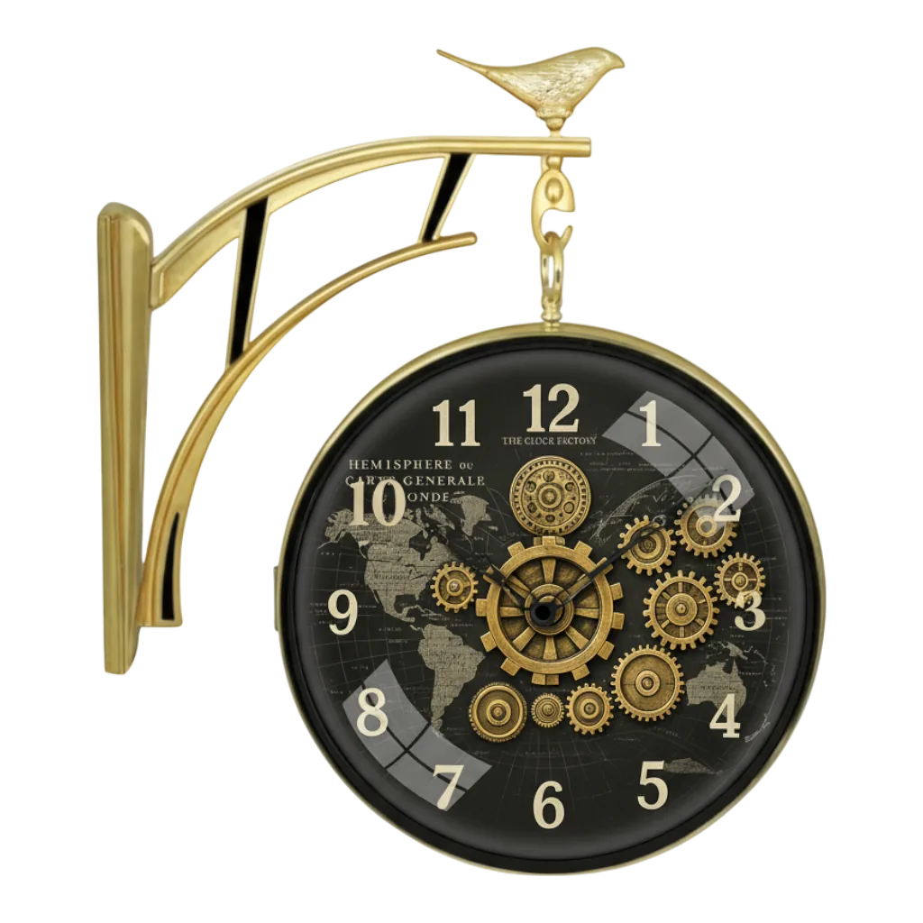 The clock Factory s7WorldMap Double Sided Wall Clock with Steampunk Gears and World Map Dial, Antique Gold