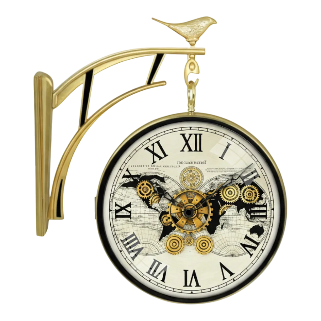 The Clock Factory s7WorldMap Double Sided Wall Clock - Vintage World Map Dial with Exposed Gears & Decorative Bird, Gold Finish