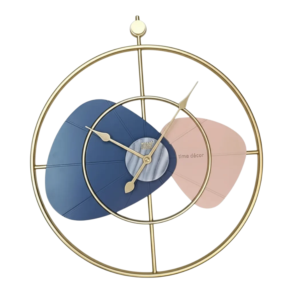 Solar SQ-60 Modern Abstract Gold Metallic Wall Clock with Blue & Pink Accents