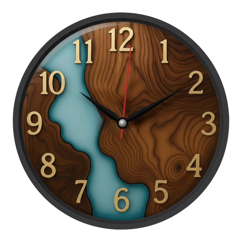 The clock Factory tcf094 Modern Wood Grain & Resin River Wall Clock with Raised Gold Numbers