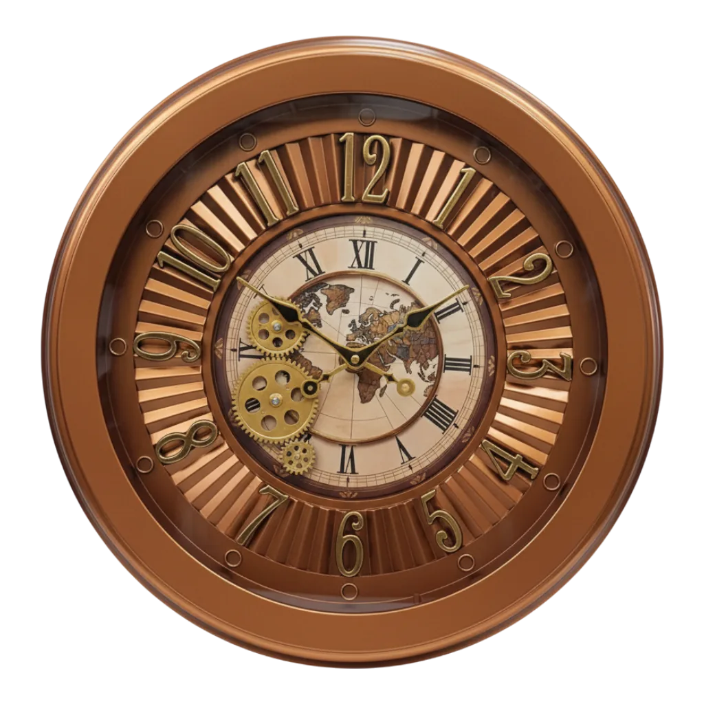 The Clock Factory World Map Gear Wall Clock - Vintage Bronze with Exposed Gears
