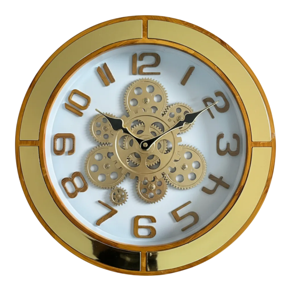 Elegant g4 Wall Clock with Visible Gears, Gold Accents & Wood Grain Finish