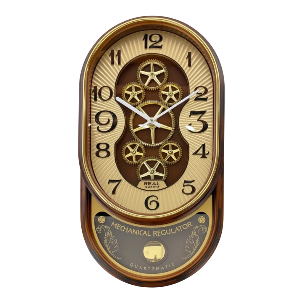 Real RG03 Classic Wood Grain Wall Clock with Visible Gears & Pendulum