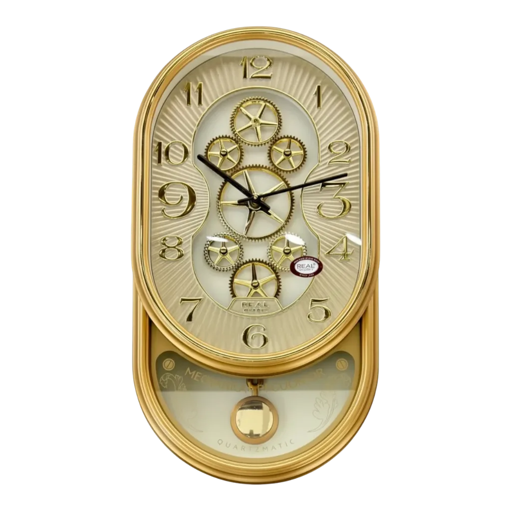 Real RG03 Elegant Gold-Tone Wall Clock with Exposed Gears and Pendulum
