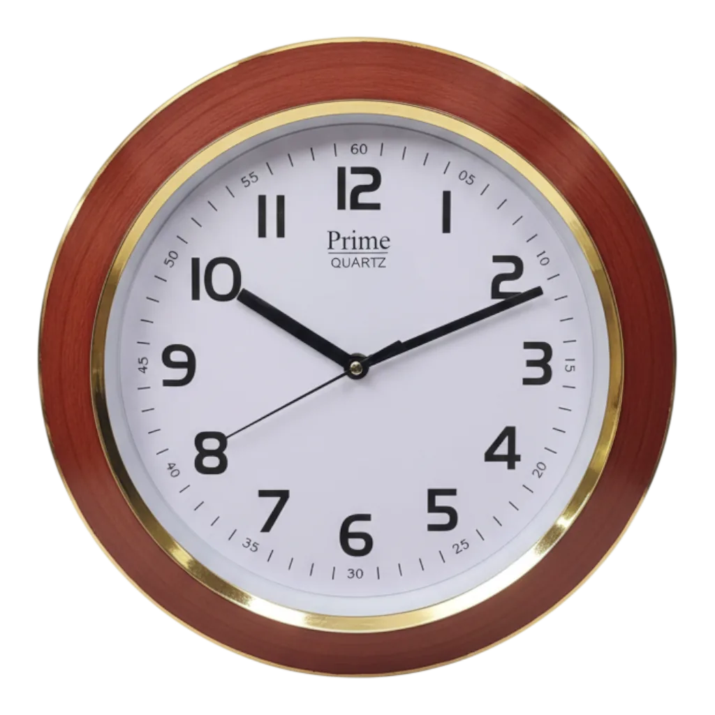 Prime 1158 Analog Wall Clock with Wood Grain & Gold Trim