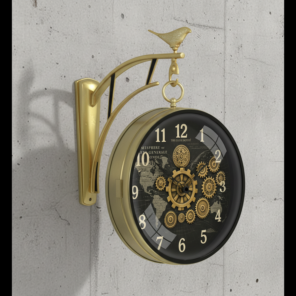 The clock Factory s7WorldMap Double Sided Wall Clock with Steampunk Gears and World Map Dial, Antique Gold - The clock Factory - Double Sided Clocks - ["Vintage", "Steampunk", "Double Sided" - Image 8