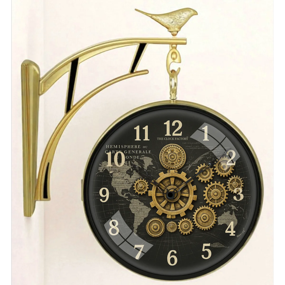 The clock Factory s7WorldMap Double Sided Wall Clock with Steampunk Gears and World Map Dial, Antique Gold - The clock Factory - Double Sided Clocks - ["Vintage", "Steampunk", "Double Sided" - Image 1