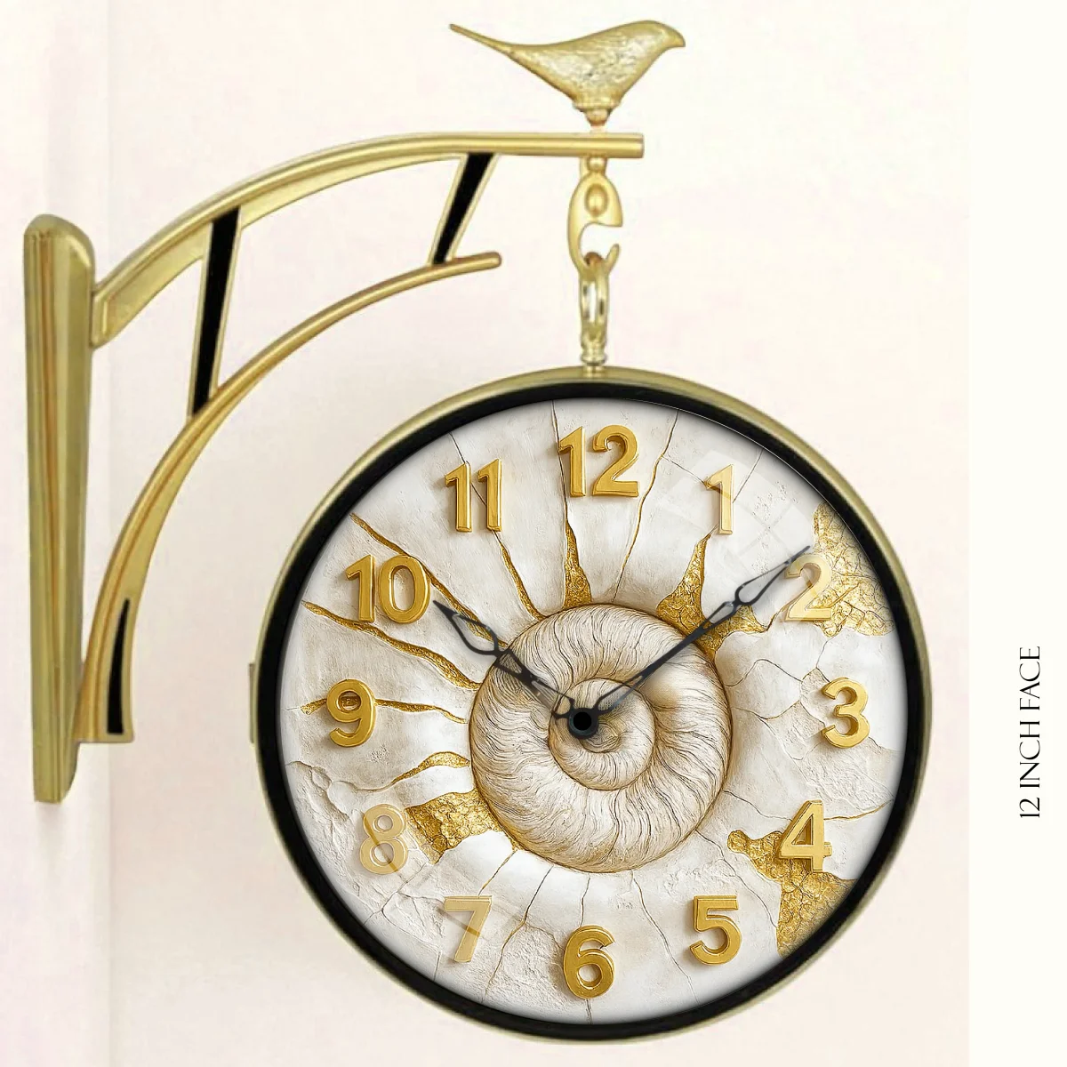 The clock Factory Gold Double Sided 12-Inch Wall Clock with Bird & Nautilus Dial - The clock Factory s7texture-Grunge - Double Sided Clocks Plastic - ["Vintage Style", "Ornate Decor", "Double Sided", "Wall Mounted", "Home Decor"