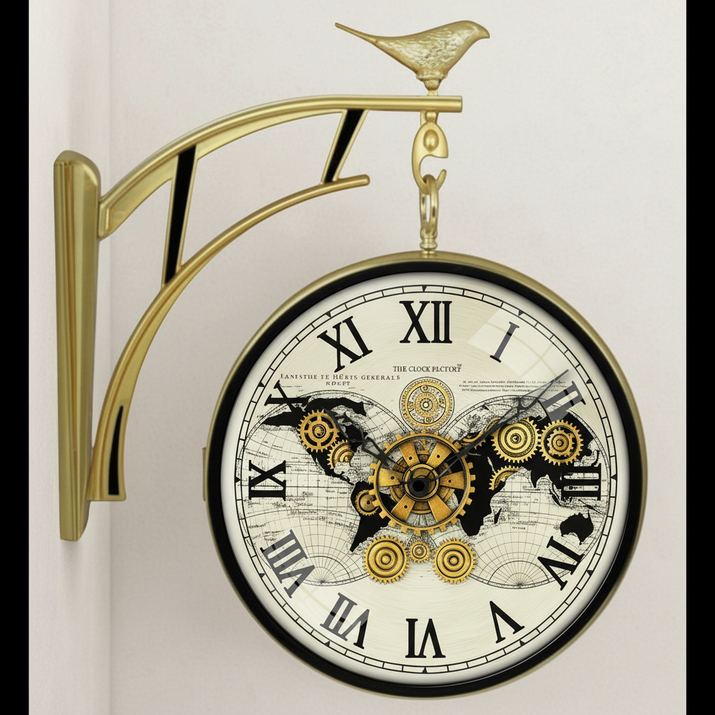 The clock Factory s7WorldMap Double Sided Wall Clock with Steampunk Gears and World Map Dial, Antique Gold - Decor 8