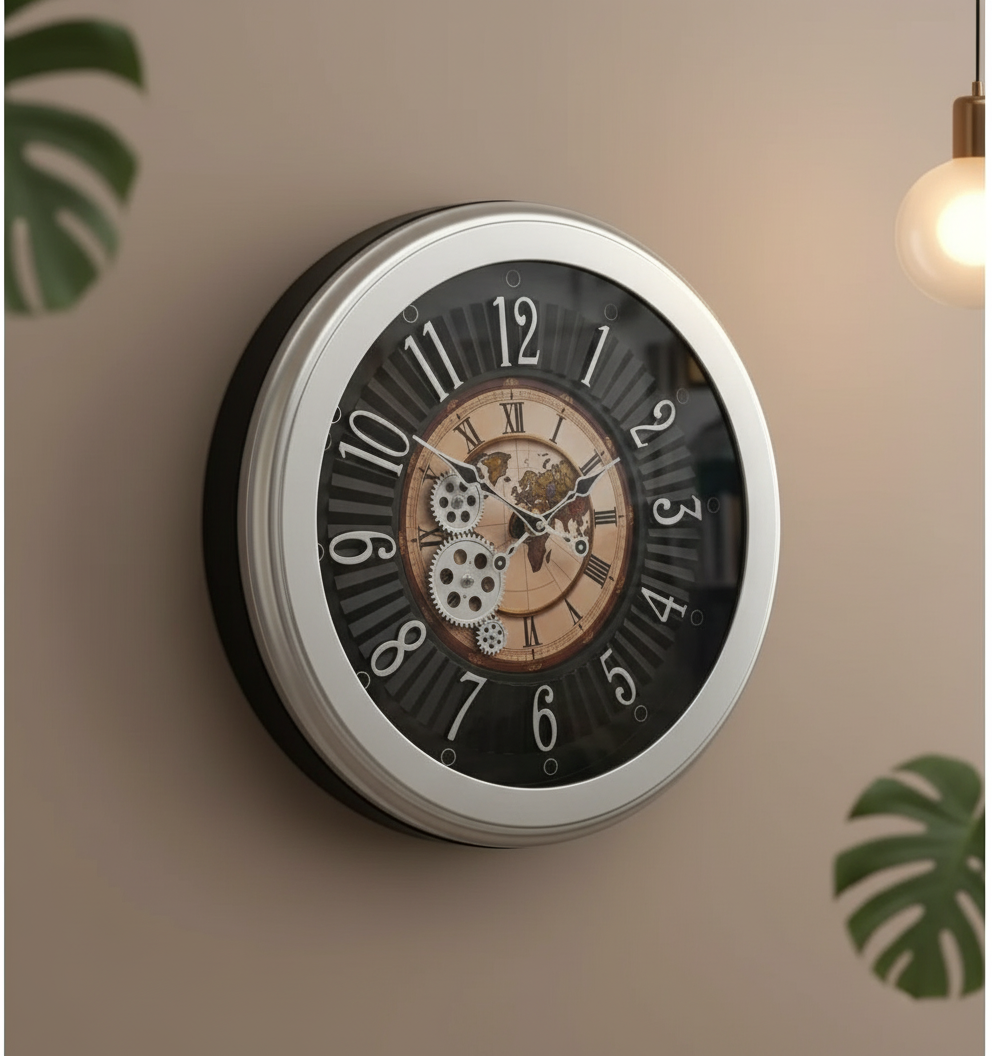 The clock Factory tcfworldmapgear Vintage Industrial World Map Gear Wall Clock - The clock Factory tcfworldmapgear-silver