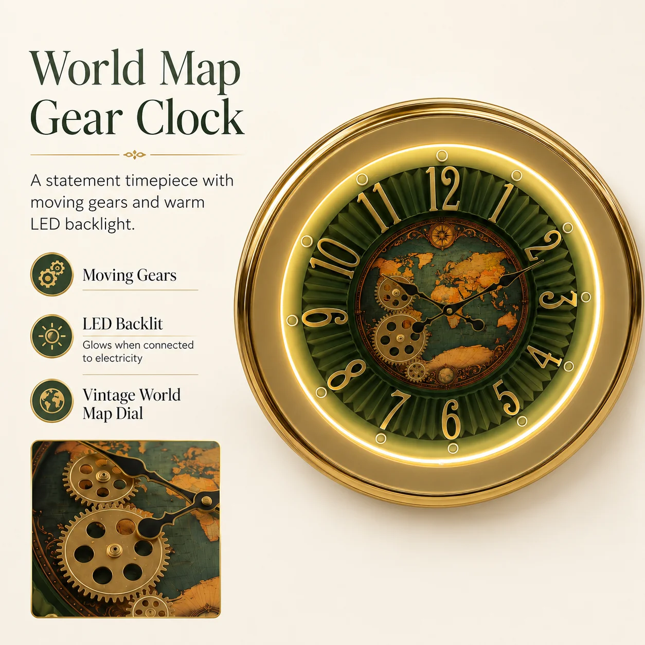 The clock Factory World Map Green Wall Clock with Visible Gears - Premium Wall Clock 20 inch