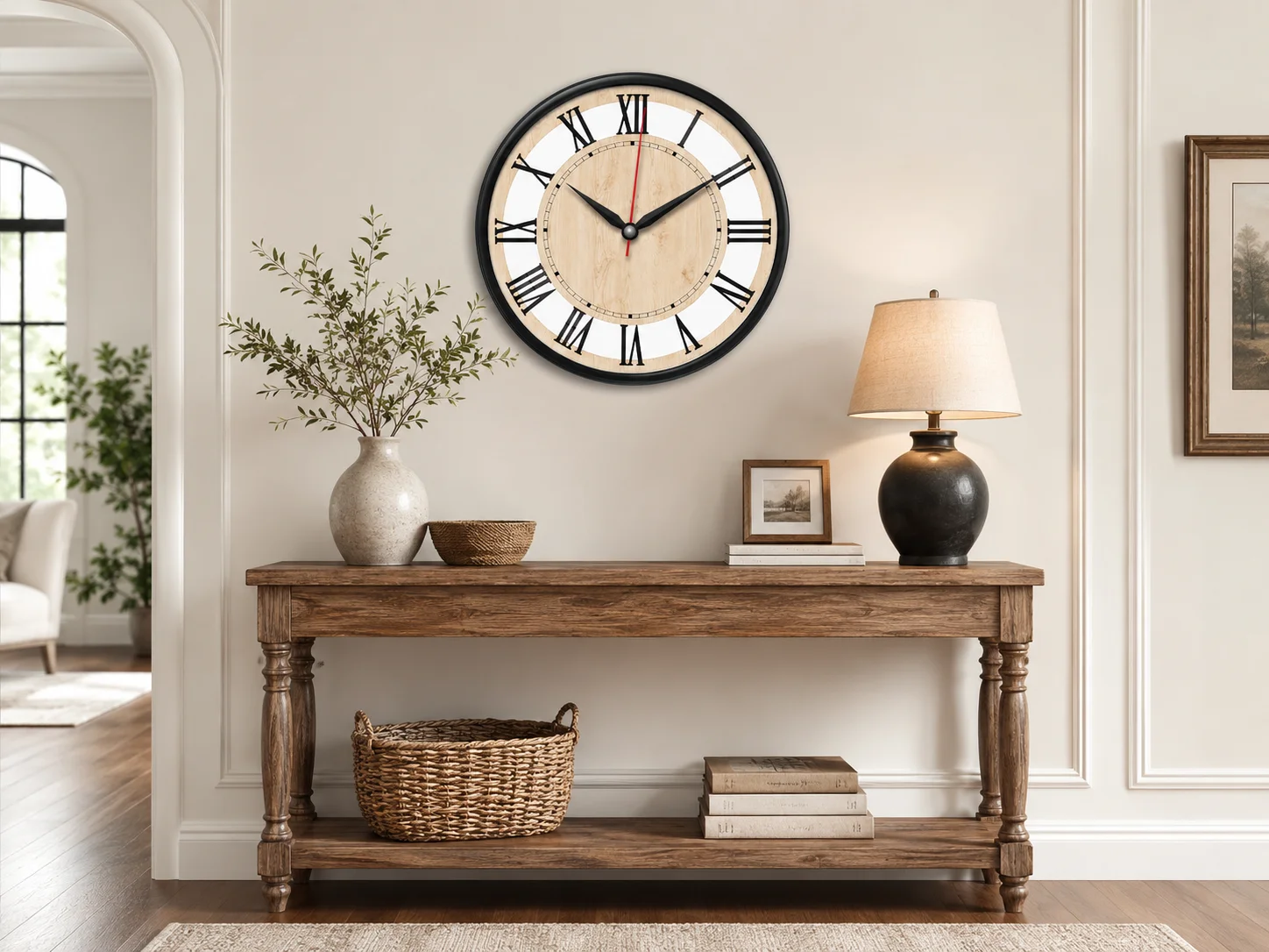 The Clock Factory 12-inch Classic Roman Numeral Wall Clock with Wood Grain Dial