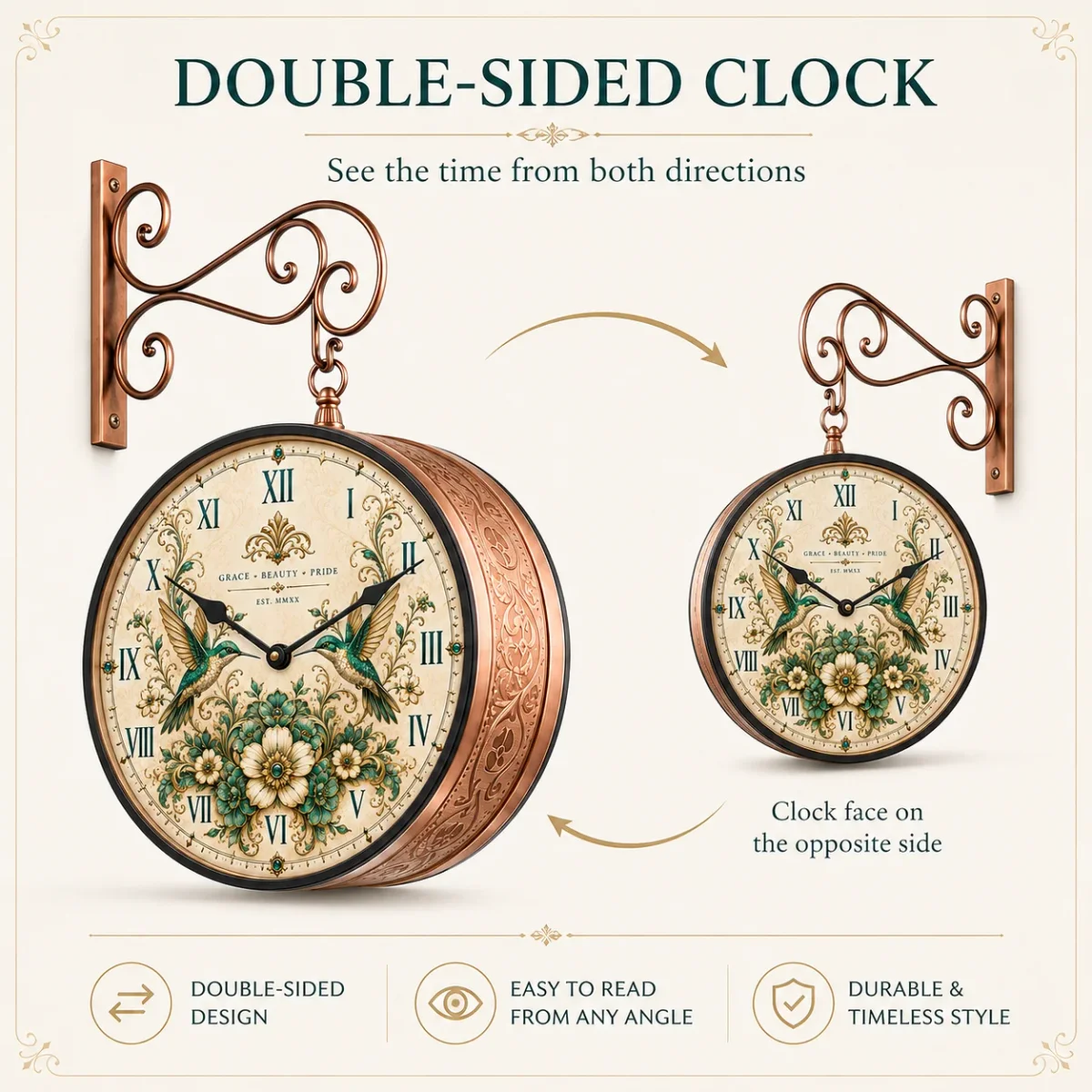 The Clock Factory Double-Sided Wall Clock - Hummingbird & Floral Design